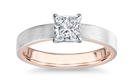 Two-Tone Matte Brushed engagement Ring with a princess cut center diamond