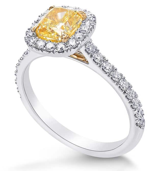 Fancy yellow cushion diamond halo ring