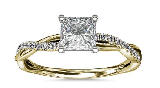 Yellow Gold Twist Diamond Engagement Ring with a Princess Cut Diamond Center