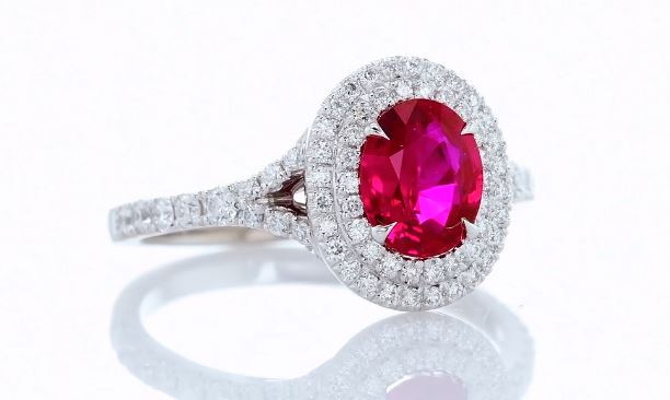 Double Halo Split Shank Ruby Oval Ring
