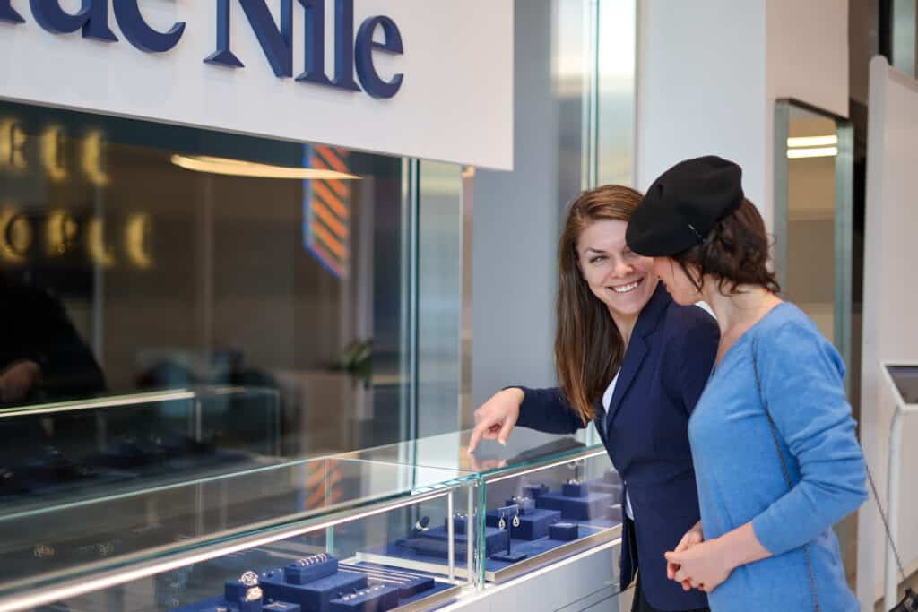 Picking diamond jewelry at a Blue Nile's Showroom