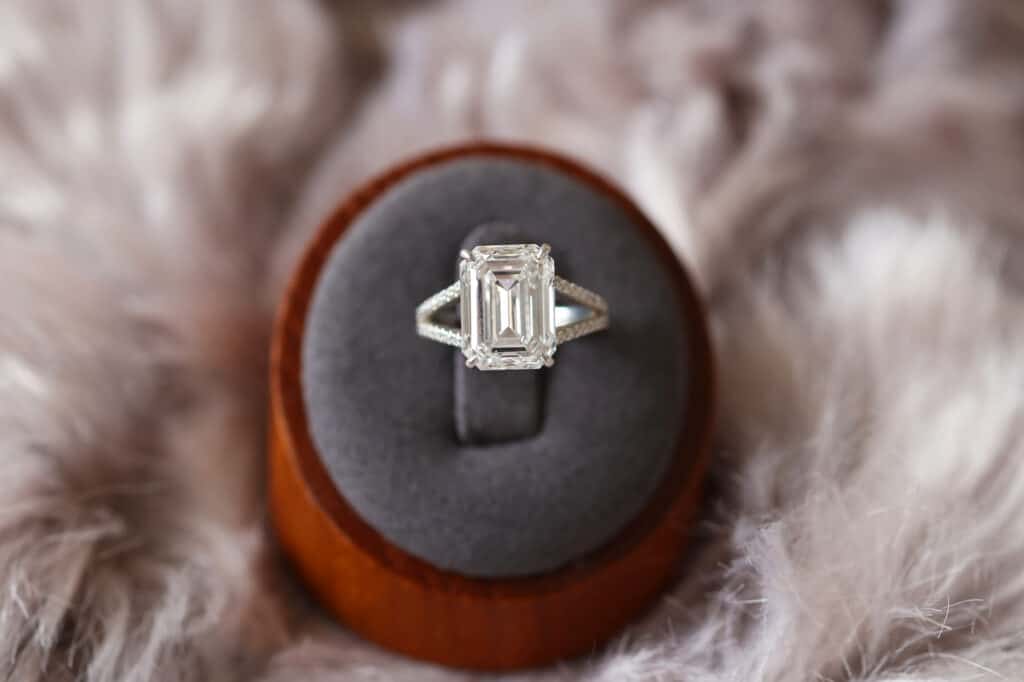 A stunning 7.05ct Emerald cut diamond in a custom split shank
