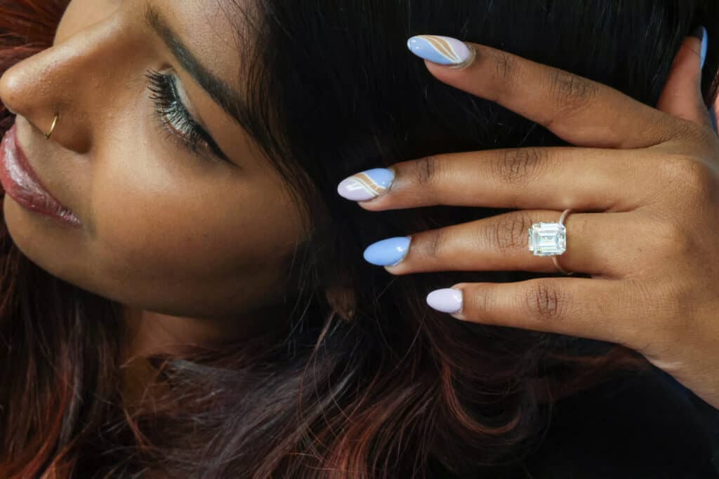 An example of an emerald cut diamond in a ring