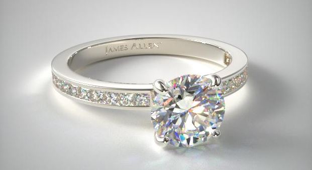 Channel Princess Cut Engagement Ring with a round cut center diamond