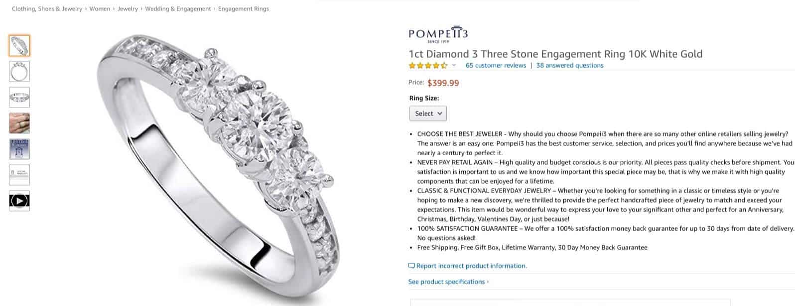 three-stone diamond engagement ring from Amazon