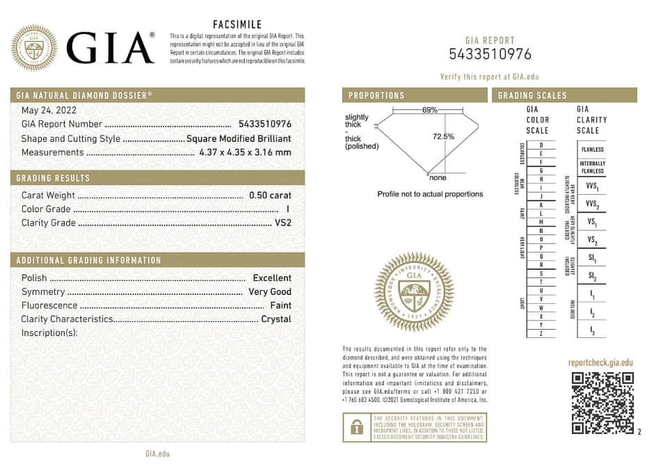 A GIA certificate example for a princess cut diamond