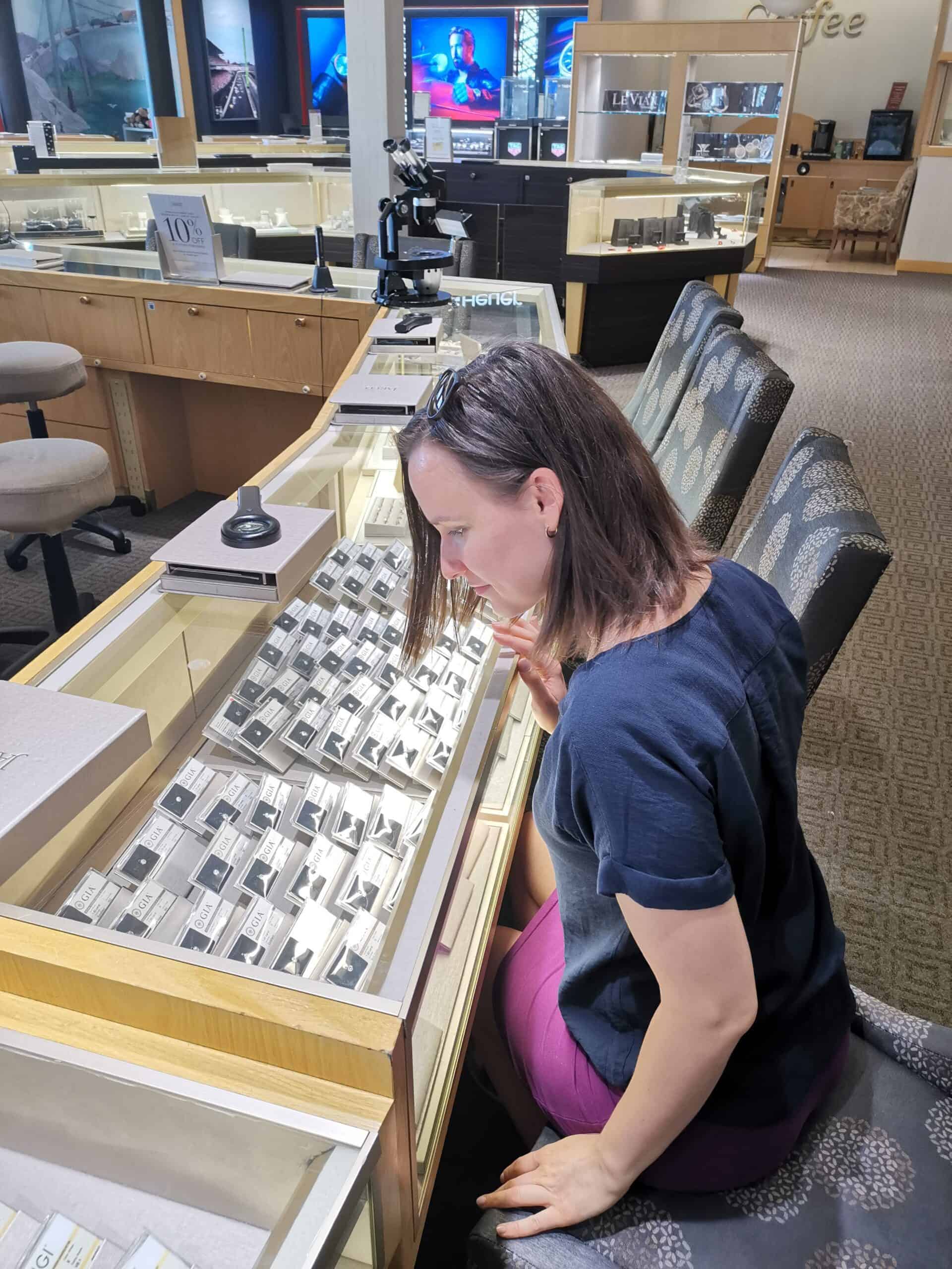 The Diamond Pros looking at GIA diamonds at Jared Galleria of Diamonds