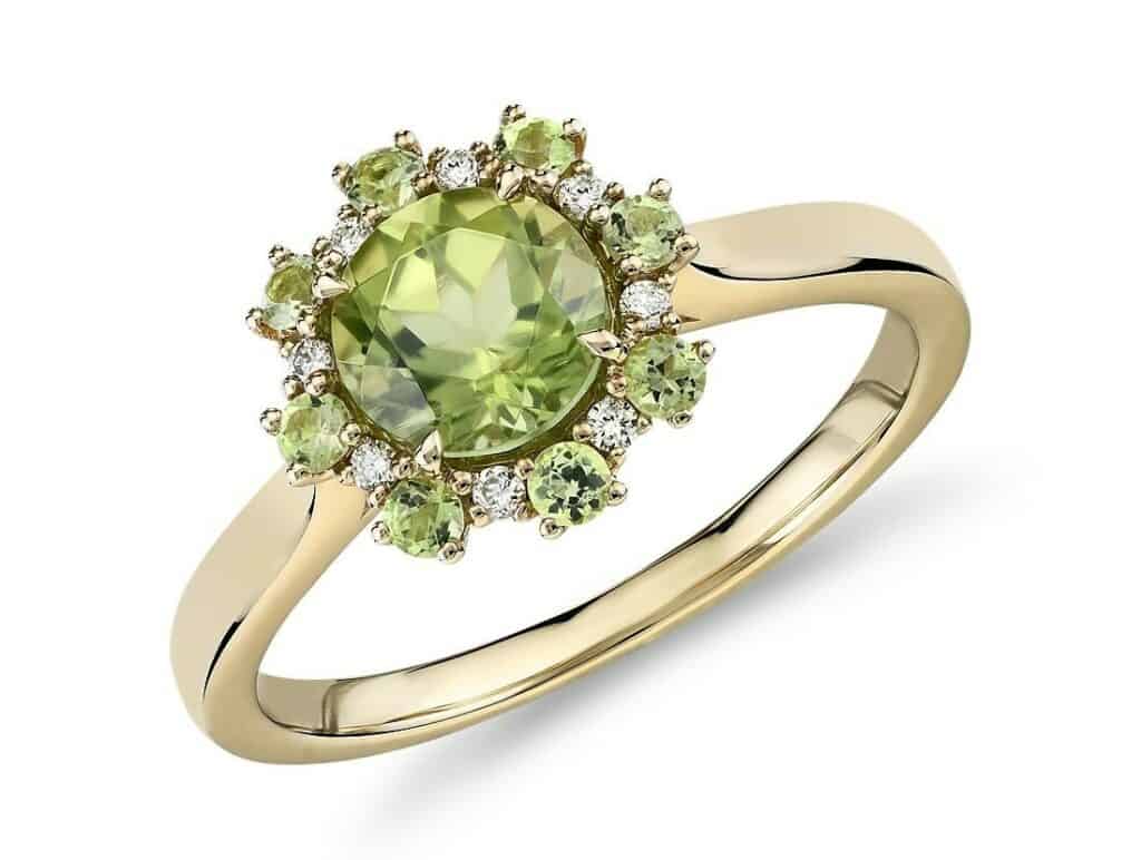 Peridot Ring with Peridot and Diamond halo