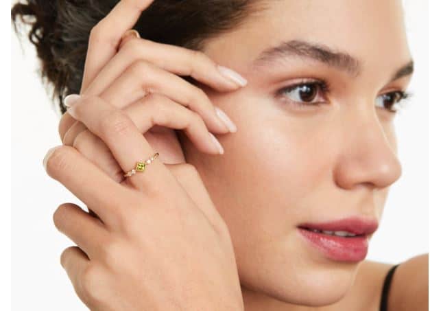 Dainty Peridot Bezel Diamond Ring By Brevani