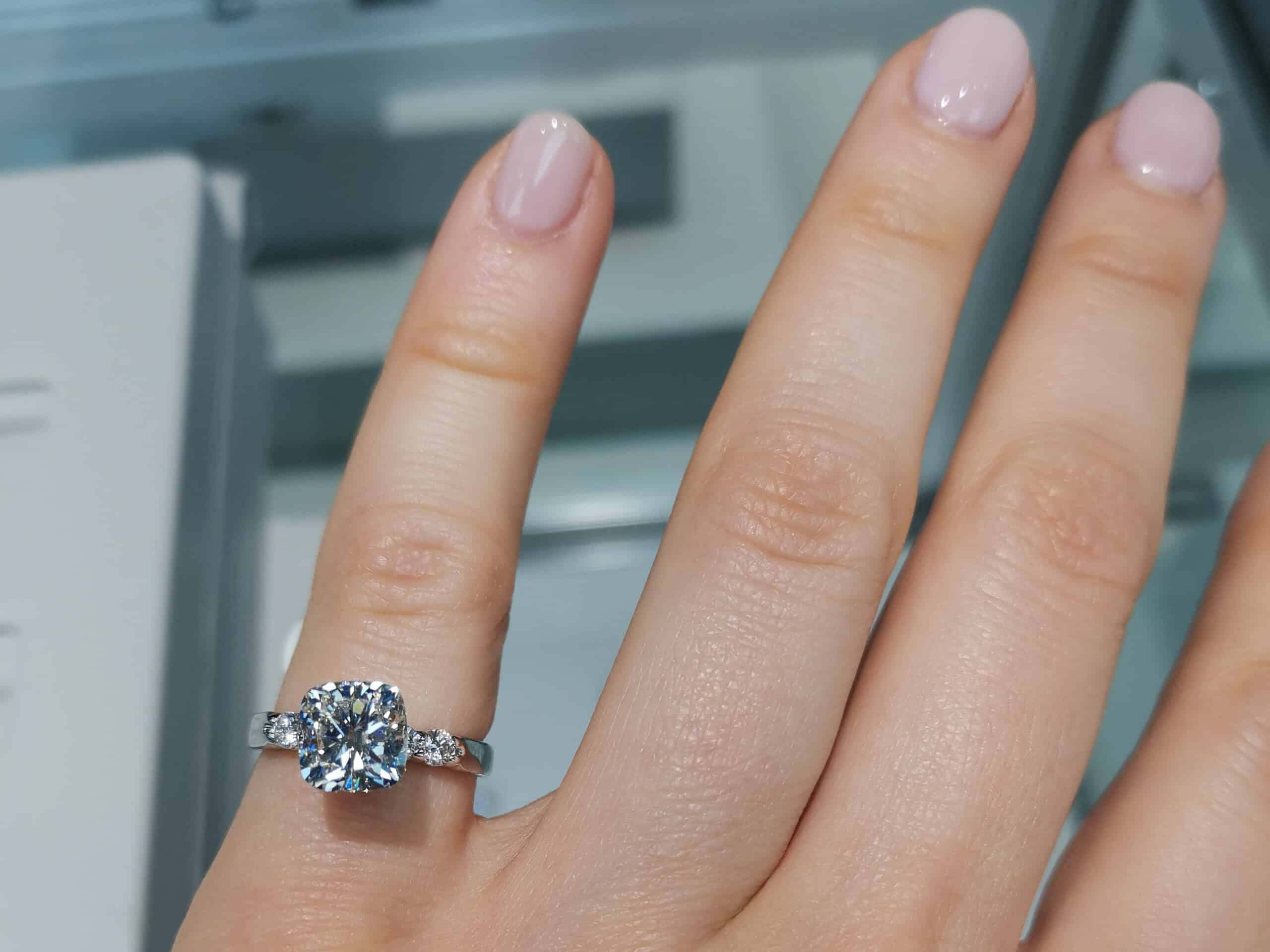 A 2ct cushion cut shown at Shane Co