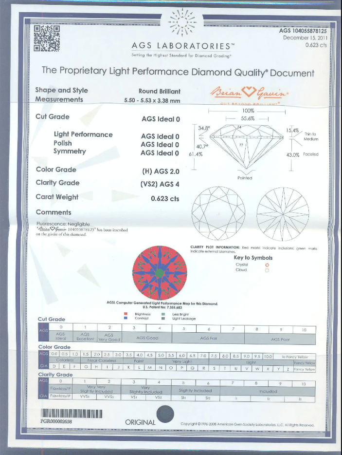  AGS Certificate of 0.62ct H VS2 Diamond