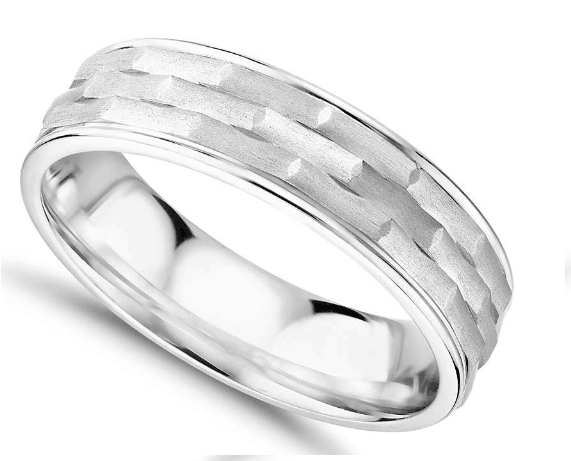 Monique Lhuillier Matte Textured Engraved Wedding Band 18k White Gold