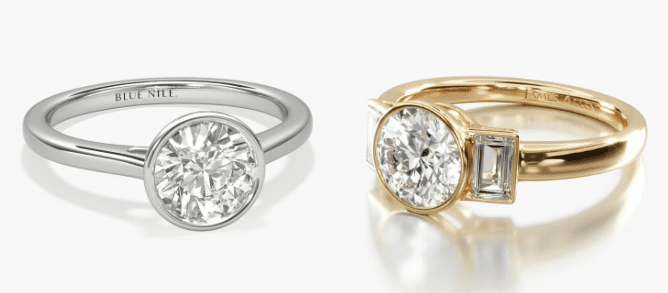 bezel settings in white and yellow gold