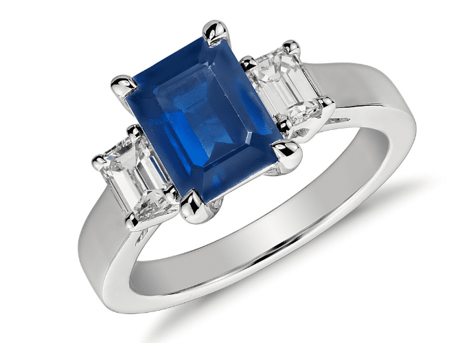 Emerald Cut Sapphire and Diamond Three Stone Ring