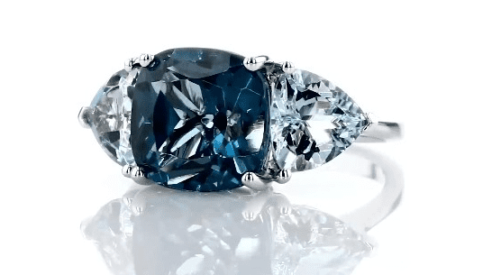 Cushion London Blue Topaz and Aquamarine Trillion Ring