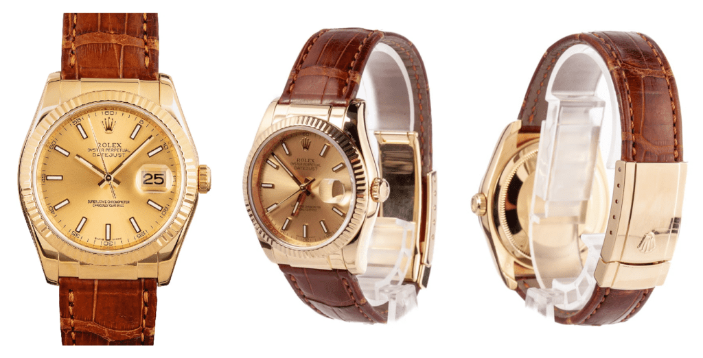 Yellow gold and red leather dress watch by Rolex