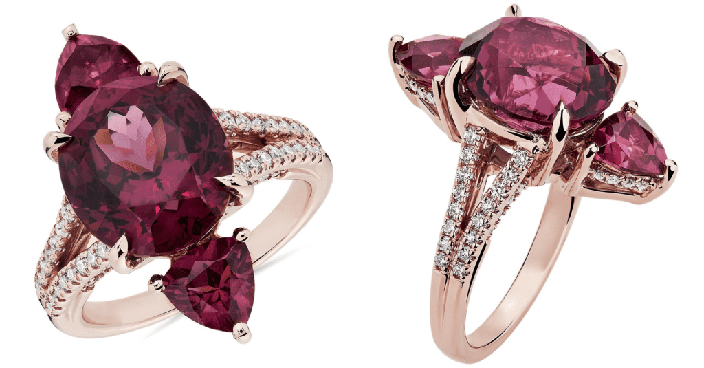 Three Stone Rhodolite Garnet Ring