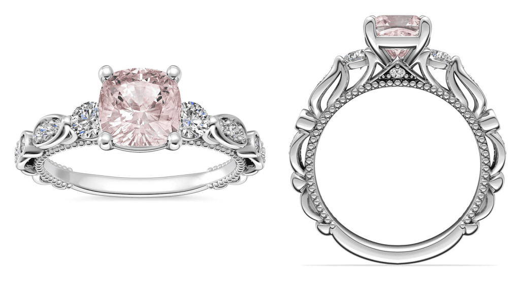Floral motif cathedral diamond morganite engagement ring