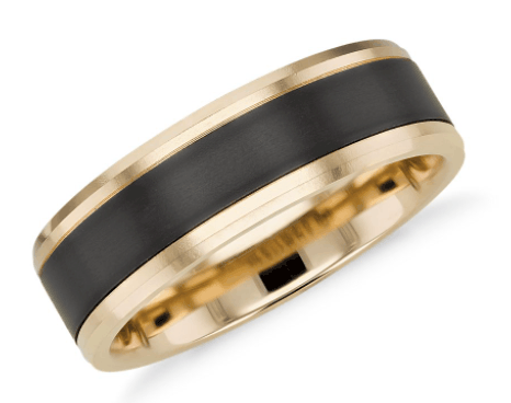 Satin Finish Men's Wedding Ring in Black Titanium and 14k Yellow Gold