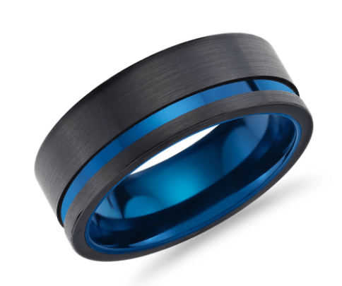 Asymmetrical Black & Blue Engraved Wedding Men's Band in Tungsten