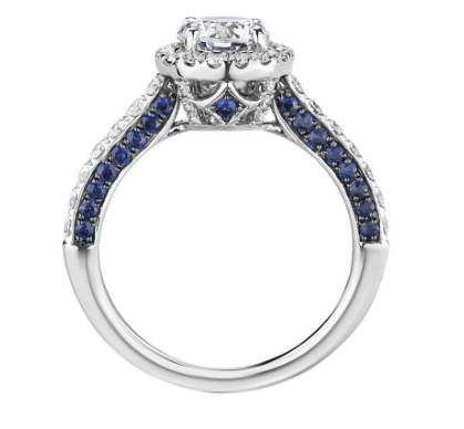 Sapphire Profile and Diamond Halo Engagement Ring