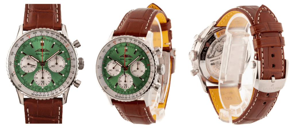 Pilot watch by Breitling with green dial and a leather strap