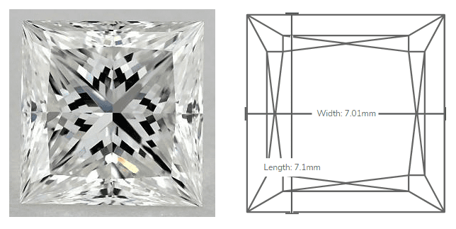 Princess cut diamond with graph measurements