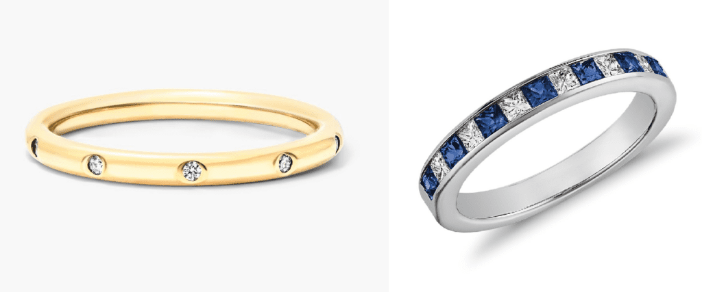 Variations of stackable rings - channel (right) and bezel set (left)