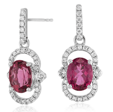 Oval Pink Tourmaline and Diamond Halo Drop Earrings