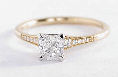 Cushion Cut Diamond Engagement Ring in a Milgrain Pave Setting