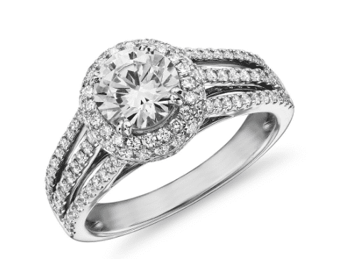 Wide band triple row halo diamond ring