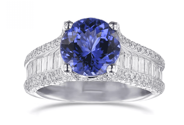 Wide band Round Tanzanite and Diamond Side Stone Ring