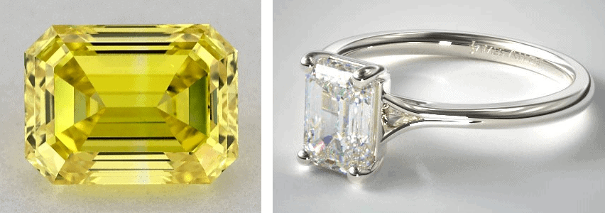 emerald cut fancy vivid yellow diamond in a solitaire ring